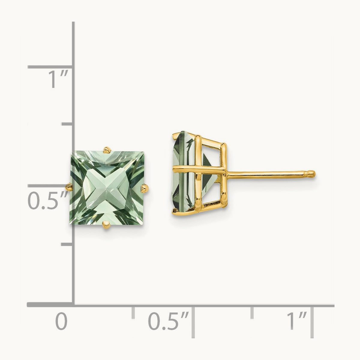 Square Green Quartz Earrings, 8mm, 14K
