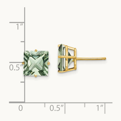 Square Green Quartz Earrings, 8mm, 14K
