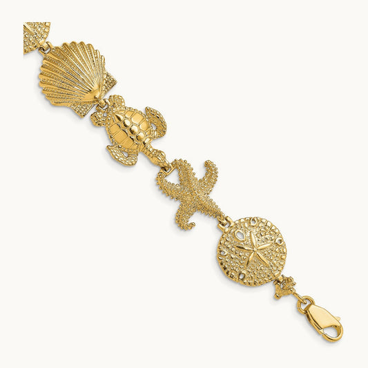 Polished Sand Dollar, Starfish, Turtle Link Bracelet, 14K
