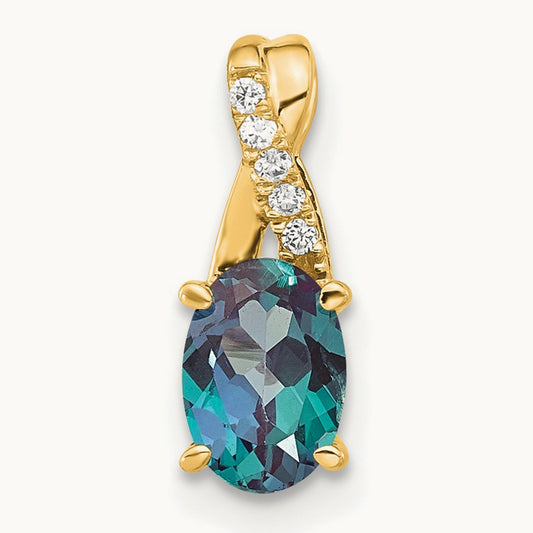 Oval Created Alexandrite and Lab-Grown Diamond Pendant — 14K Yellow Gold