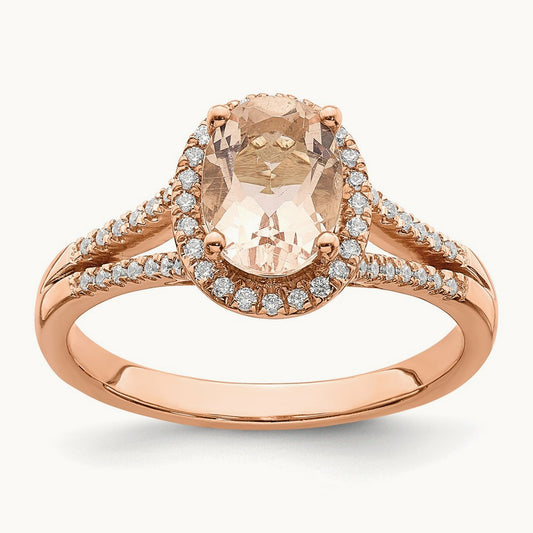 Morganite Diamond Halo Complete Engagement Ring, 14K Rose Gold