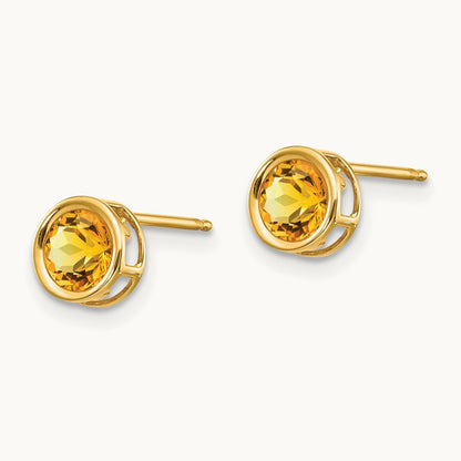 Bezel Citrine Stud Earrings — 14K Yellow Gold
