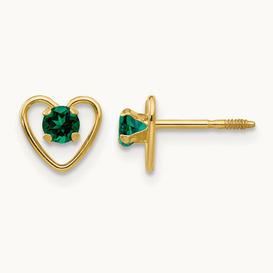 Madi K Created Emerald Birthstone Heart Earrings, 3mm, 14K