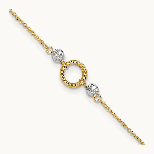 Circle and Bead 9in Plus 1in ext. Anklet, 14K Two-tone