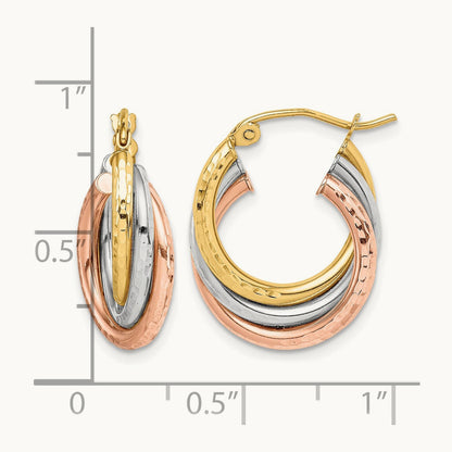 Tri-color Textured Triple Hoop Earrings, 14K