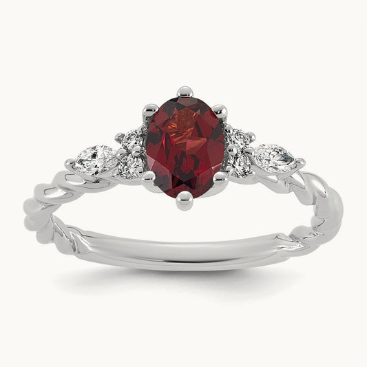 Polished Diamond and Garnet Twisted Ring, 14K White Gold