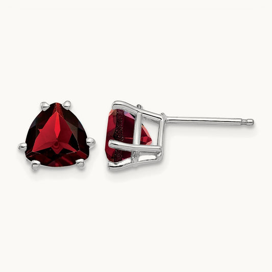 Trillion Garnet Earrings, 7mm, 14K White Gold