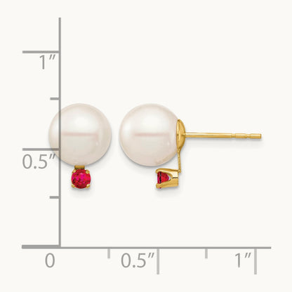 8- White Round Freshwater Cultured Pearl Ruby Post Earrings, 8.5mm, 14K