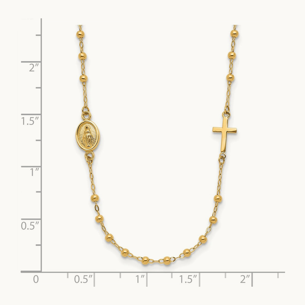 Polished Miraculous Medal and Cross Rosary Design Necklace, 14K