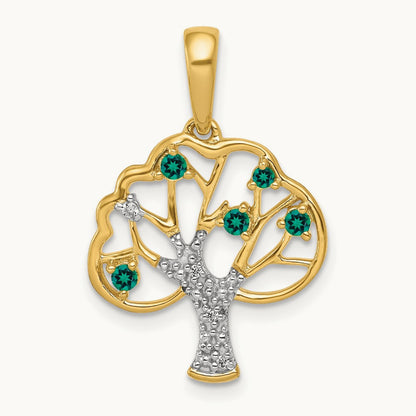 Created Emerald and Diamond Polished Tree Pendant, 14K