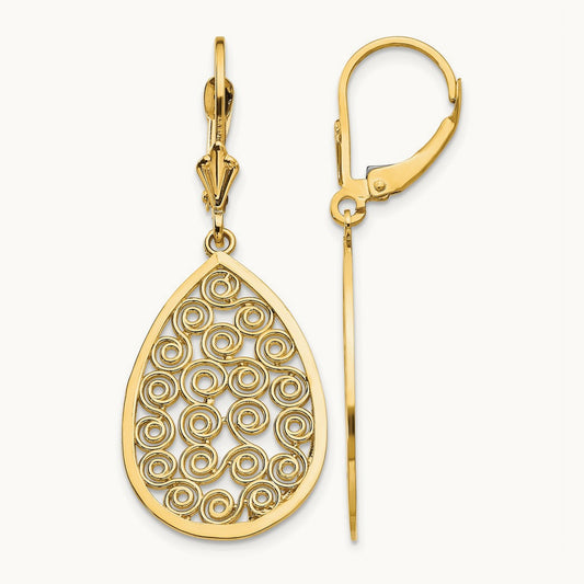 Teardrop Filigree Dangle Leverback Earrings — 14K Yellow Gold