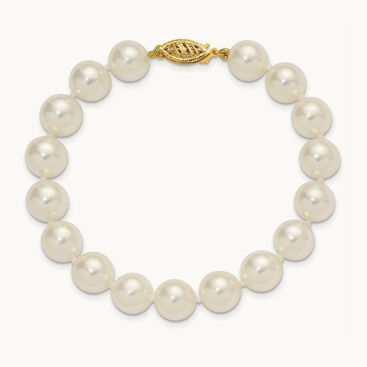9- White Rnd Akoya Saltwater Cultured Pearl 7in Bracelet, 10mm, 14K