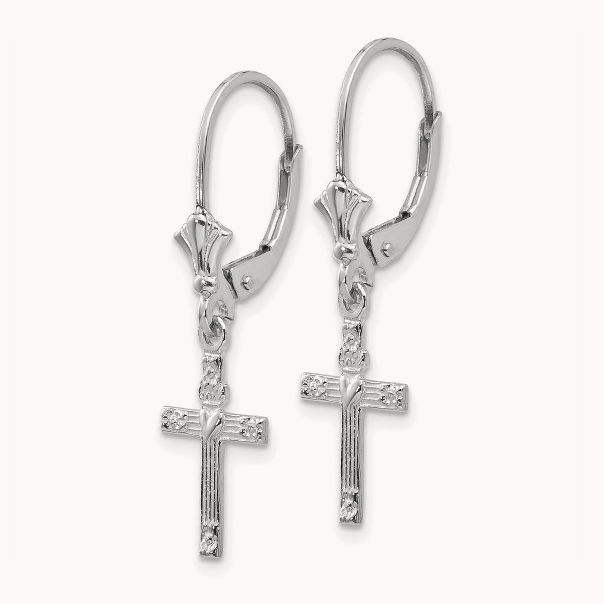 Mini Cross with Heart Leverback Earrings — 14K White Gold