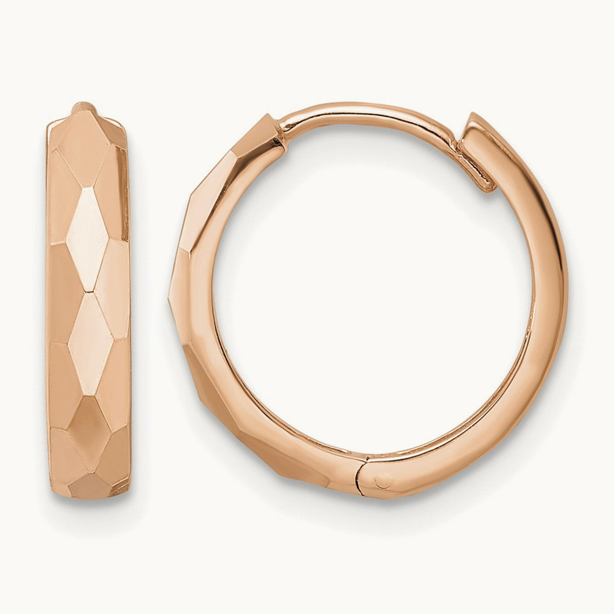Polished Faceted Hinged Hoop Earrings — 14K Rose Gold, 3x15mm