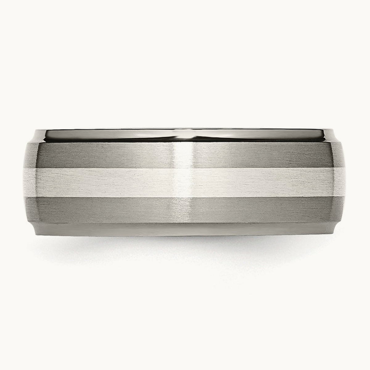 Brushed/Polished w/Sterling Silver Inlay Ridged Edge Band, 8mm, Titanium