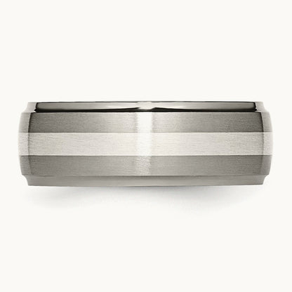 Brushed/Polished w/Sterling Silver Inlay Ridged Edge Band, 8mm, Titanium