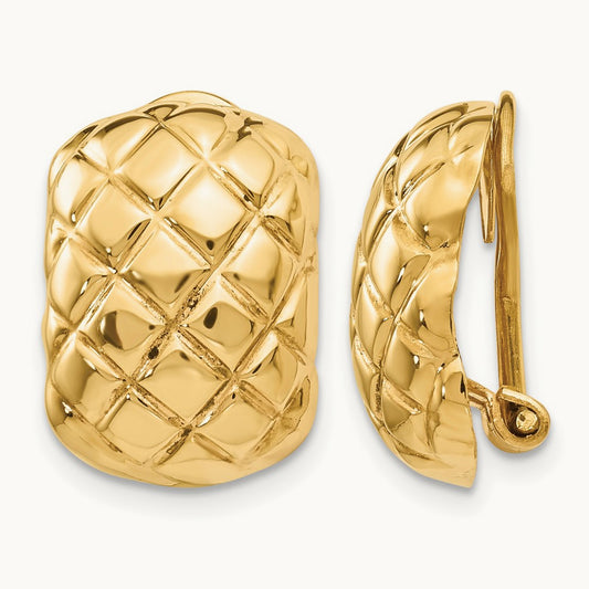 Polished Quilted Non-pierced Omega Back Earrings — 14K Yellow Gold