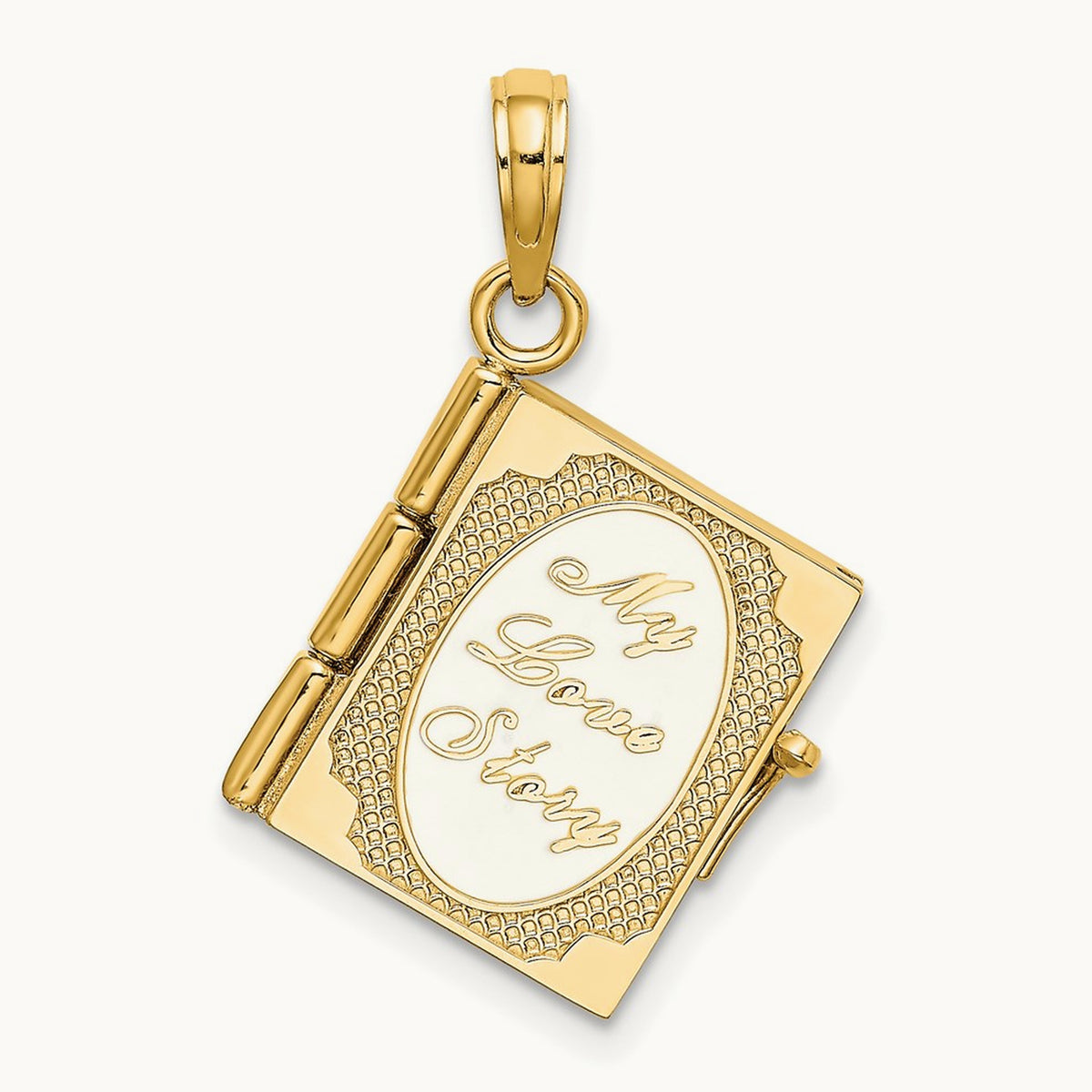 Enameled 3D Moveable MY LOVE STORY Book Pendant, 14K