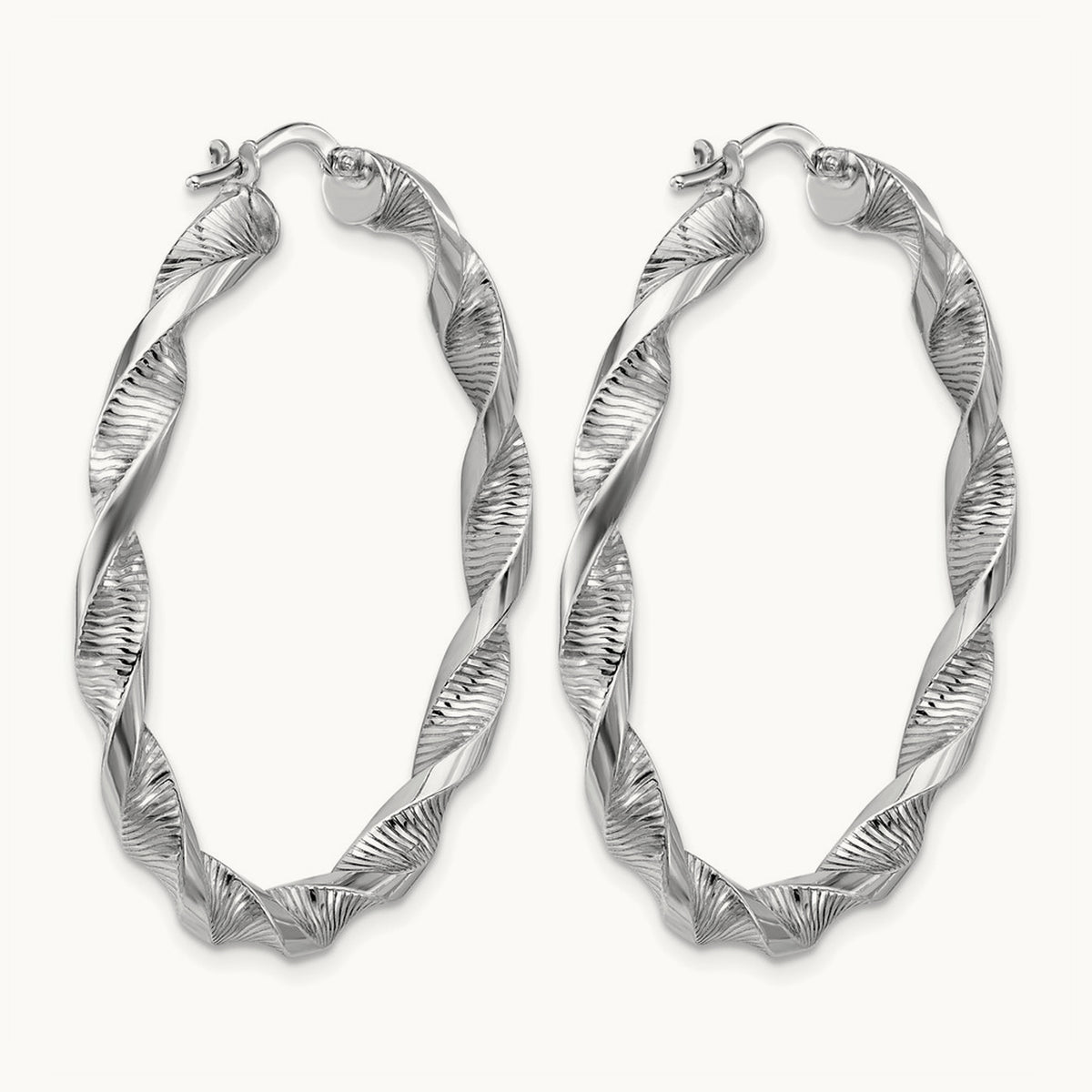 Rhodium-plated Polish/Textured Twist Hoop Earrings — 43mm