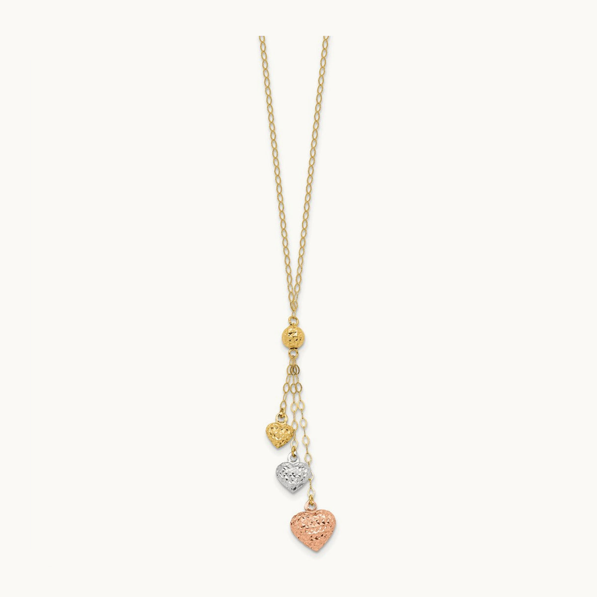 Tri-color Puff Heart Lariat with 2in ext Necklace, 14K