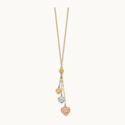 Tri-color Puff Heart Lariat with 2in ext Necklace, 14K