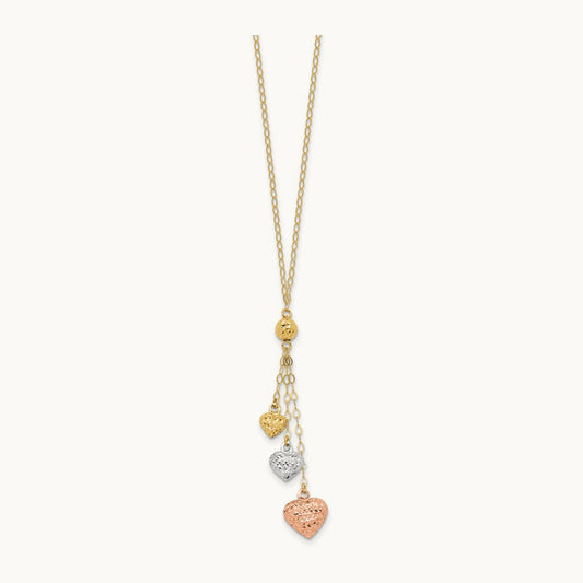 Tri-color Puff Heart Lariat with 2in ext Necklace, 14K