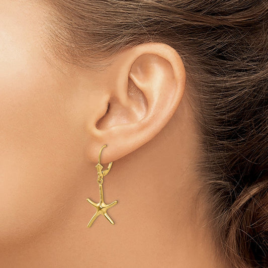 Dancing Starfish Leverback Earrings — 14K Yellow Gold
