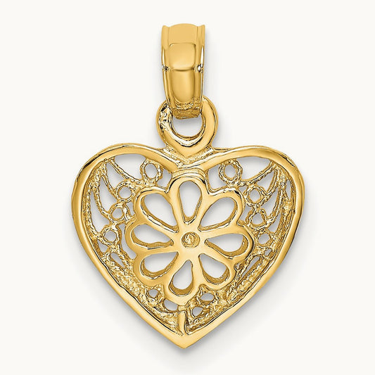 2-D Filigree Heart w/ Flower Design Charm, 14K