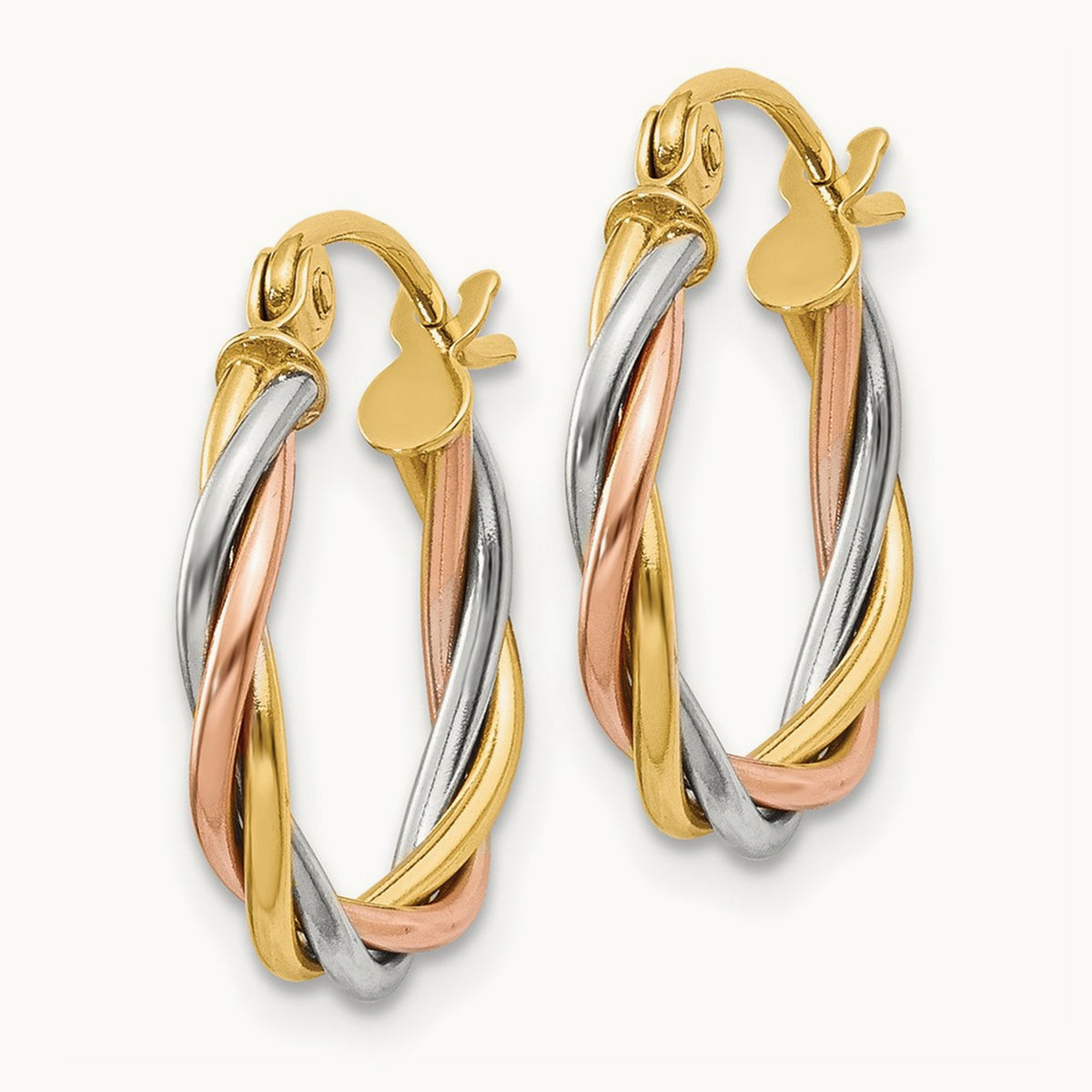 Tri-color Polished Twisted Hoop Earrings, 2.5mm, 14K