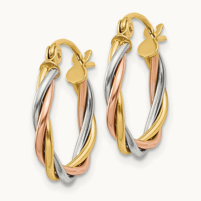 Tri-color Polished Twisted Hoop Earrings, 2.5mm, 14K