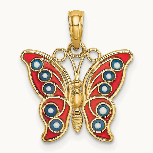 w/ Red and Blue Enamel Filigree Butterfly Charm, 14K