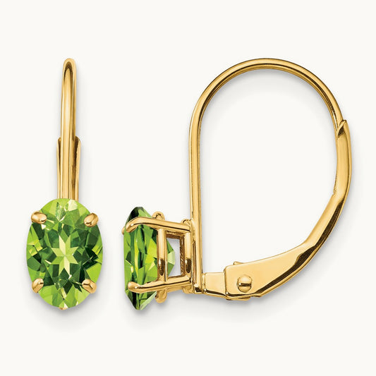 Oval Peridot Leverback Earrings — 16mm, 6x4mm