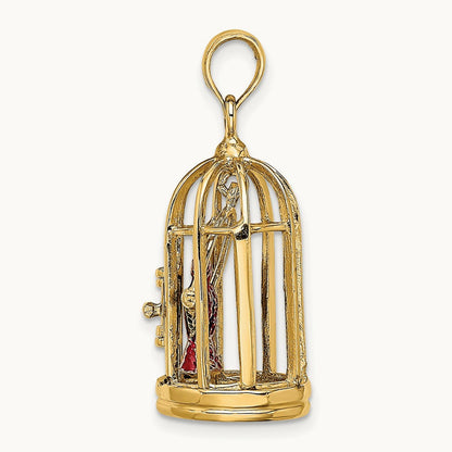 w/ Enamel 3-D Bird Cage w/ 2 Birds and Doors Open Charm, 14K