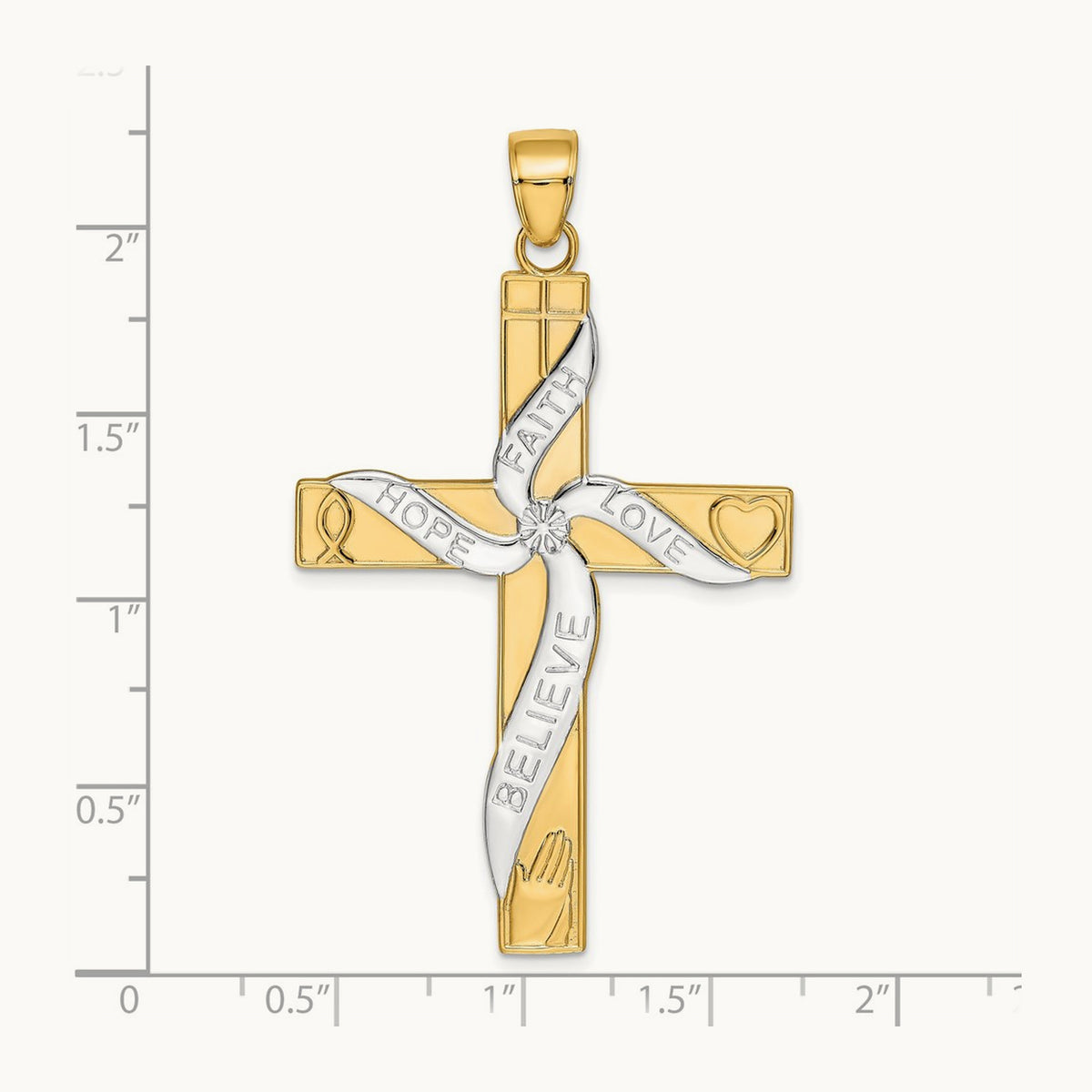 w/Rhodium HOPE FAITH LOVE BELIEVE Cross Pendant, 14K