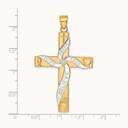 w/Rhodium HOPE FAITH LOVE BELIEVE Cross Pendant, 14K