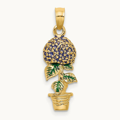 3-D Enameled Lavender Hydrangea Flowers In Pot Charm, 14K