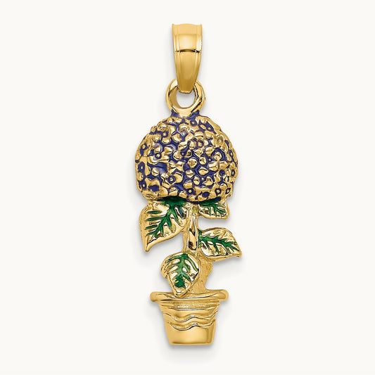 3-D Enameled Lavender Hydrangea Flowers In Pot Charm, 14K
