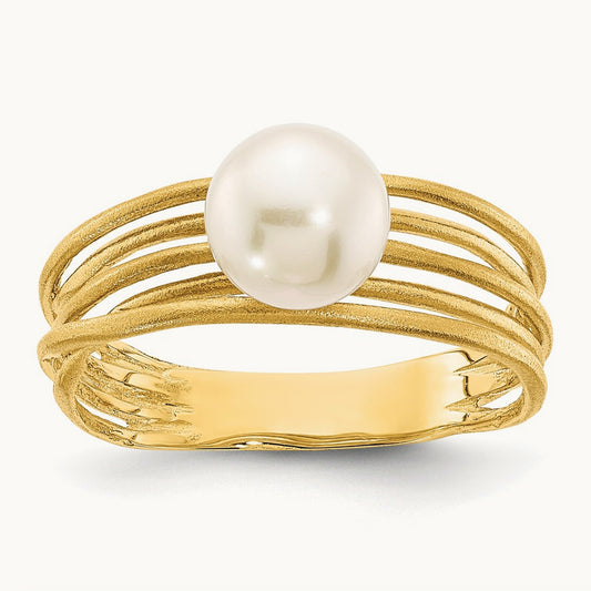 7- Round White Freshwater Cultured Pearl Brushed Ring, 8mm, 14K