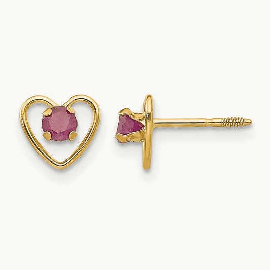 Madi K Created Ruby Birthstone Heart Earrings, 3mm, 14K