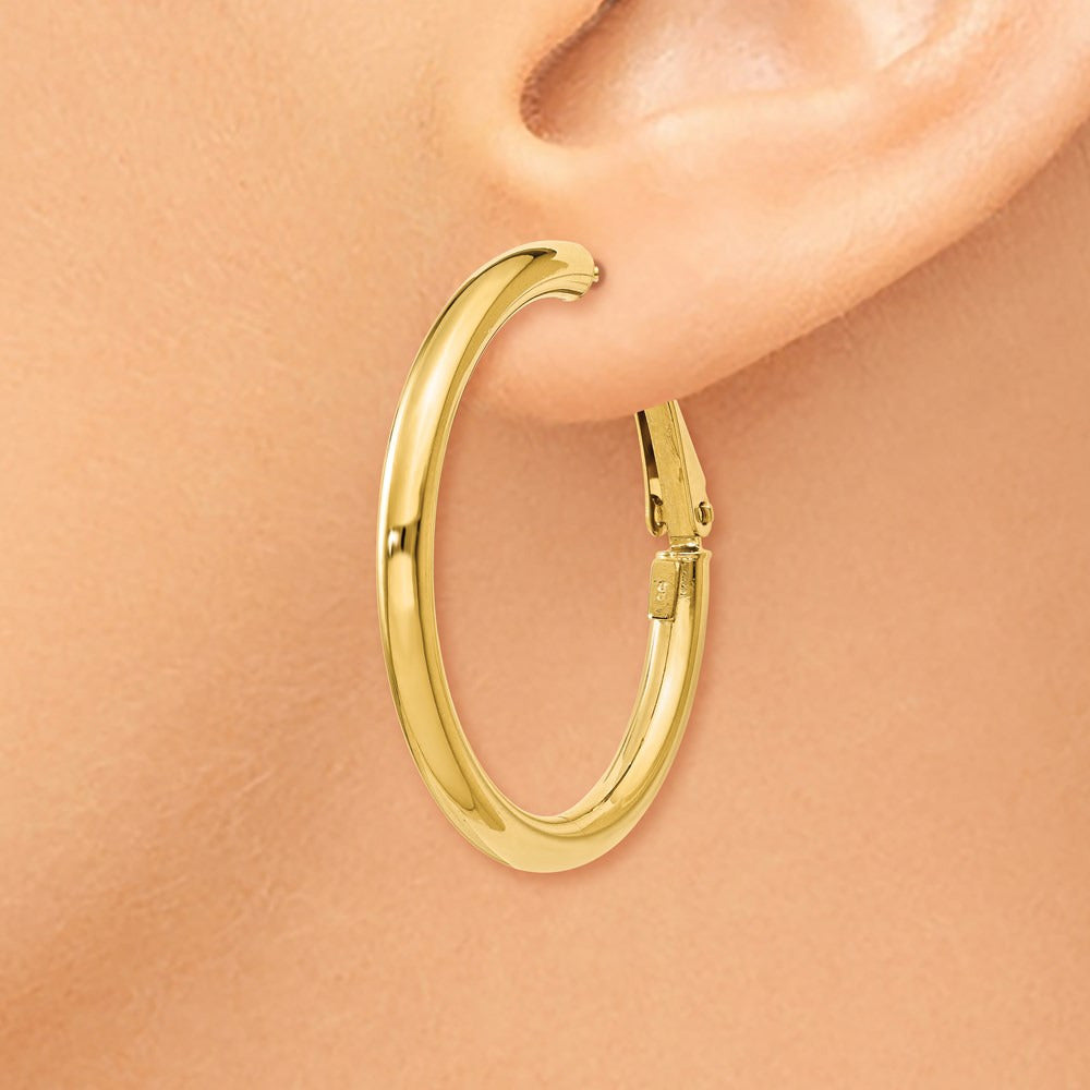 Polished Round Omega Back Hoop Earrings — 14K Yellow Gold, 3x32mm
