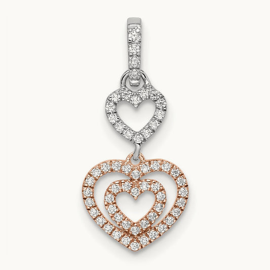 Hearts Dangle Diamond Pendant, 14K Two-tone White with Rose