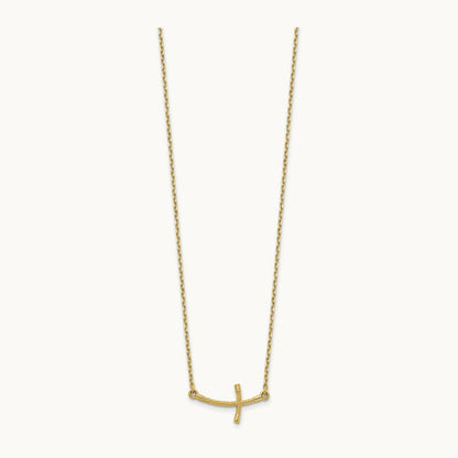 Small Sideways Curved Twist Cross Necklace — 14K Yellow Gold