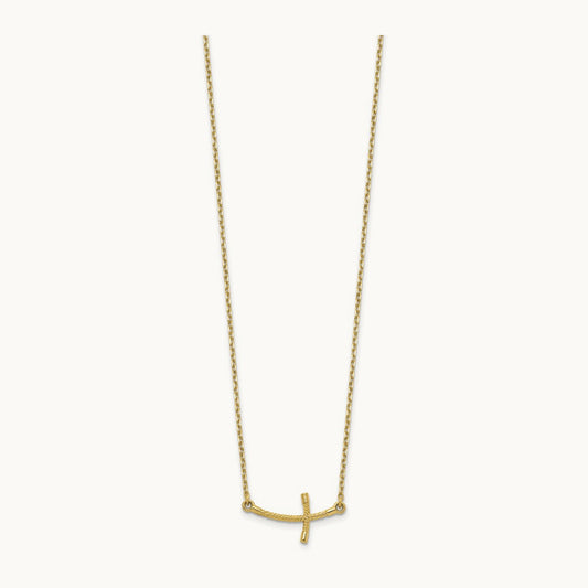 Small Sideways Curved Twist Cross Necklace — 14K Yellow Gold