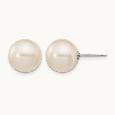 10- White Round FW Cultured Pearl Stud Post Earrings, 11mm, 14K White Gold