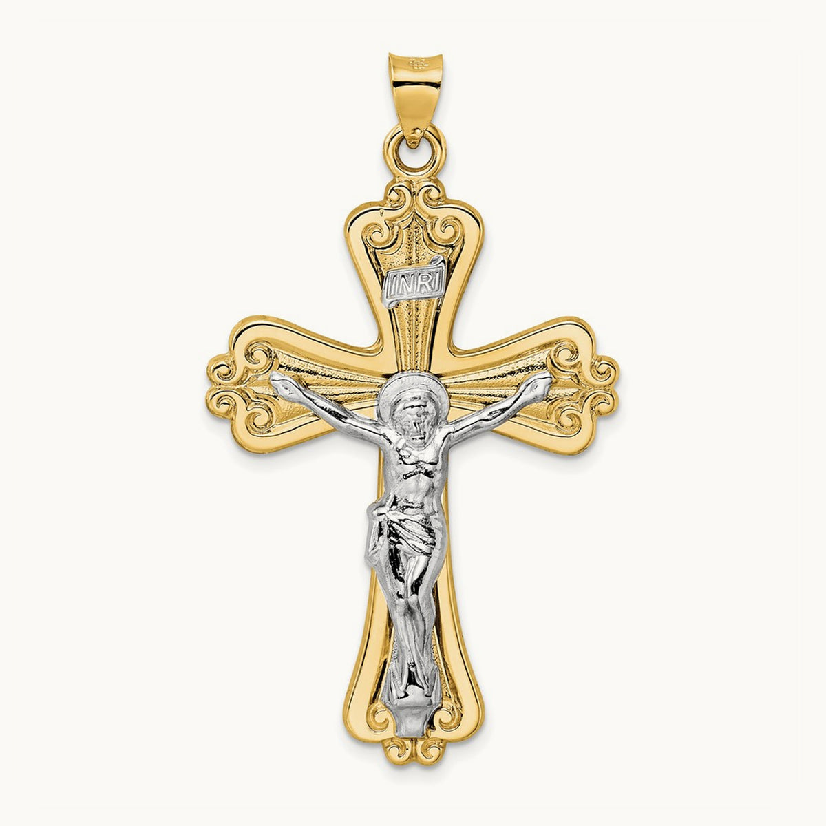 Polished Solid Fancy INRI Crucifix Pendant, 14K Two-tone