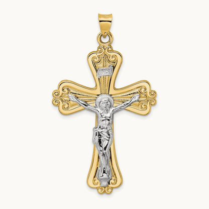 Polished Solid Fancy INRI Crucifix Pendant, 14K Two-tone