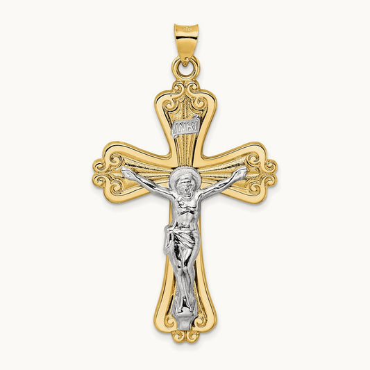 Polished Solid Fancy INRI Crucifix Pendant, 14K Two-tone
