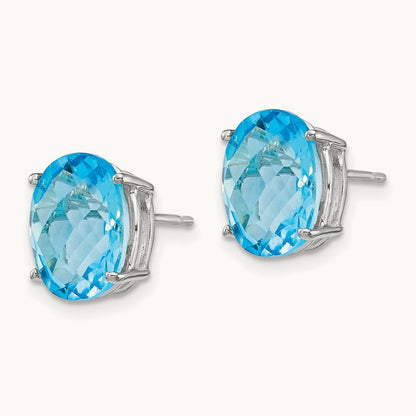 10x8mm Oval Blue Topaz Checker Earrings, 14K White Gold