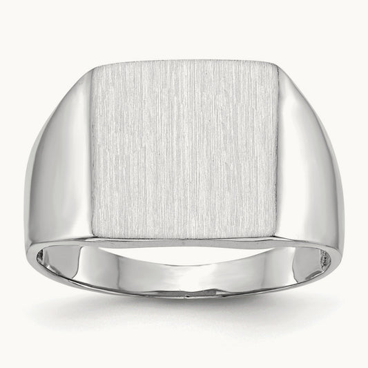 13.0x13. Open Back Satin Mens Signet Ring, 5mm, 14K White Gold