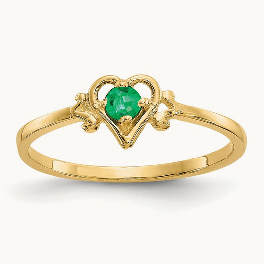 Emerald Birthstone Heart Ring — 14K Yellow Gold, 7